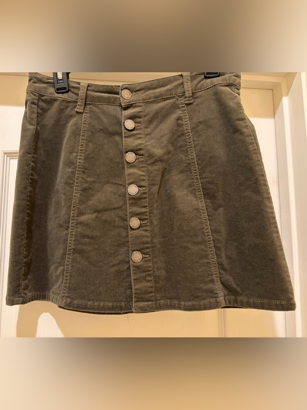 Button-Front Olive Green Corduroy A-Line Skirt
